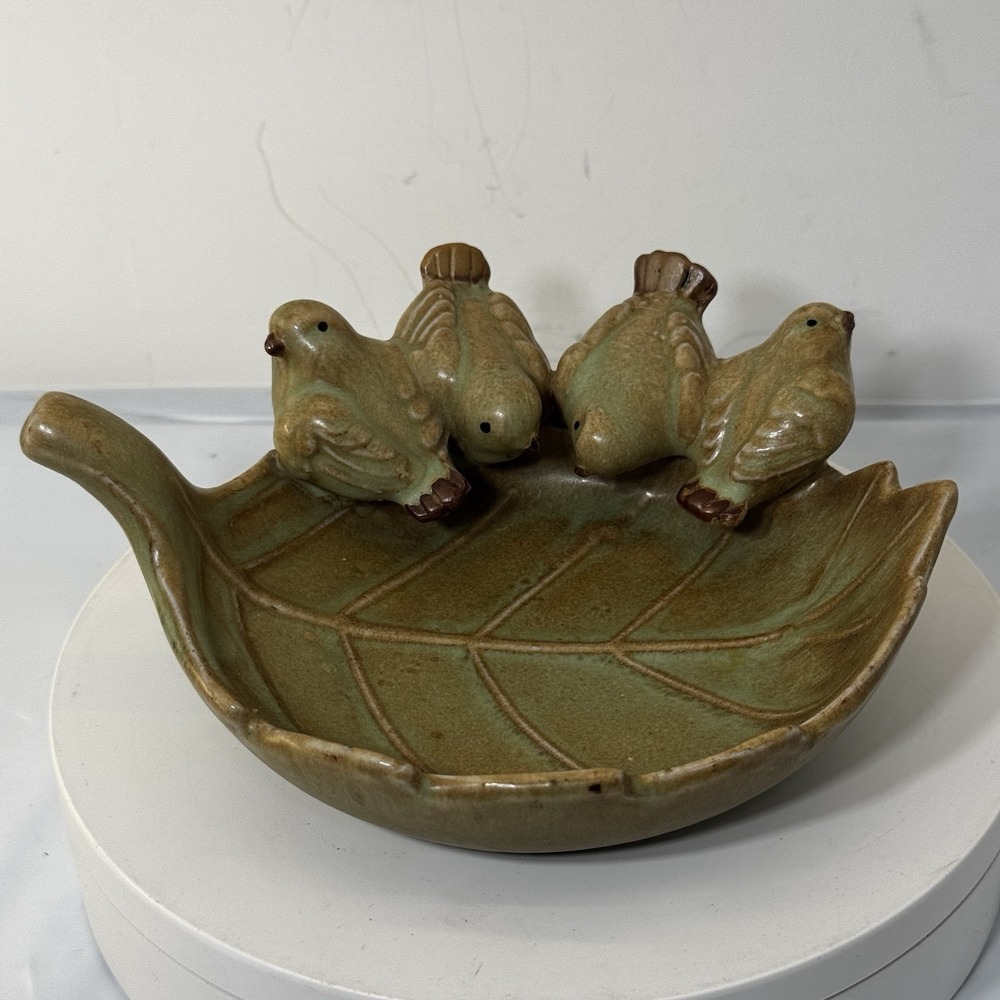 Vintage Ceramic Birds on a Green And Brown Leaf Sculpture Dish Decorative